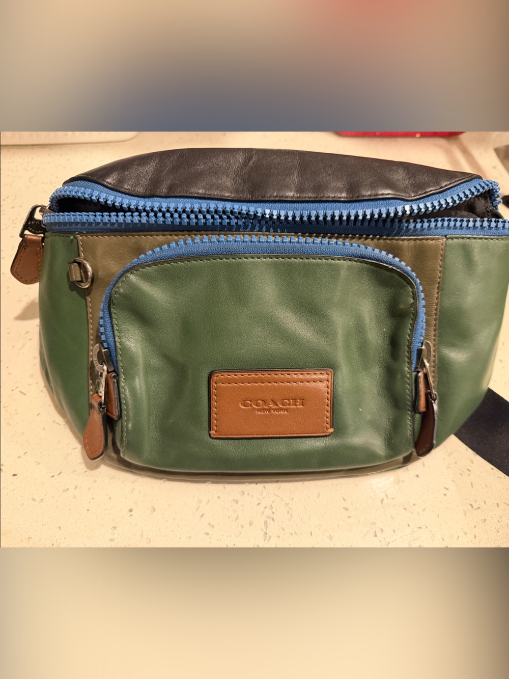 Coach Green Leather Belt Bag with Blue Zippers and Brown Patch